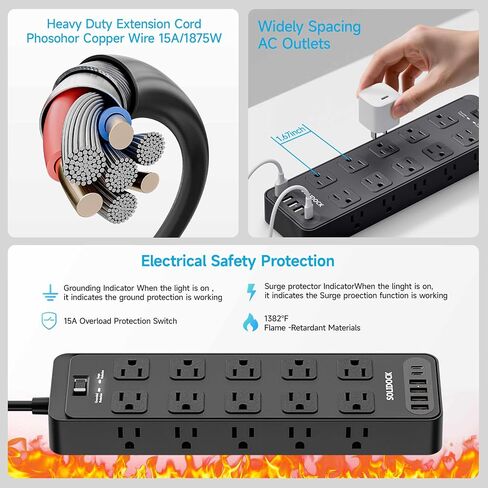 Flat Plug Power Strip Surge Protector with 20 AC Outlets 6 USB Chagring Ports, 1875W/15A, 2700 Joules, 6 Ft Heavy Duty Extension Cord for Home, Office, Dorm, Gaming,ETL Listed (Black, 6Feet) in Saudi Arabia