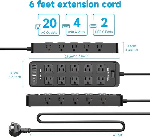 Flat Plug Power Strip Surge Protector with 20 AC Outlets 6 USB Chagring Ports, 1875W/15A, 2700 Joules, 6 Ft Heavy Duty Extension Cord for Home, Office, Dorm, Gaming,ETL Listed (Black, 6Feet) in Saudi Arabia