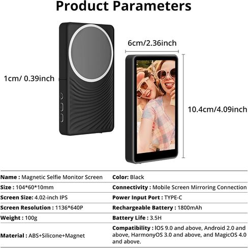 Selfie Monitor Screen iPhone,Magnetic Selfie Screen 4K 60fps Bluetooth Remote,Back Camera Monitor for Vlog Live Stream TikTok,Wireless Screen Mirroring with iPhone & Android(Pink) in Saudi Arabia