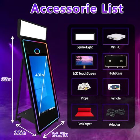 65in Portable Magic Mirror Photo Booth,43in Touch Screen Mirror Photo Booth with Square Light and RGB Light,Selfie Photo Booth with Flight Case (Black, 65 inch(43''Screen)) in Saudi Arabia