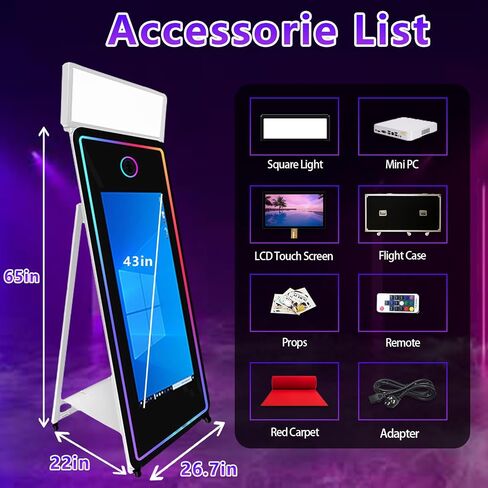 65in Portable Magic Mirror Photo Booth,43in Touch Screen Mirror Photo Booth with Square Light and RGB Light,Selfie Photo Booth with Flight Case (Black, 65 inch(43''Screen)) in Saudi Arabia