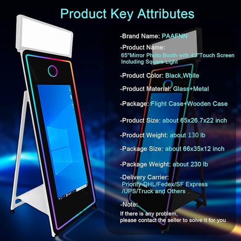 65in Portable Magic Mirror Photo Booth,43in Touch Screen Mirror Photo Booth with Square Light and RGB Light,Selfie Photo Booth with Flight Case (Black, 65 inch(43''Screen)) in Saudi Arabia