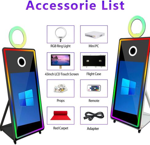 65 Inch Portable Magic Mirror Photo Booth,43 Inch Touch Screen Mirror Photo Booth with RGB Light,Selfie Photo Booth with Flight Case (Black, 65 inch(43''Screen)+Camera+Mini Printer) in Saudi Arabia