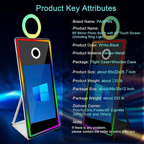 65 Inch Portable Magic Mirror Photo Booth,43 Inch Touch Screen Mirror Photo Booth with RGB Light,Selfie Photo Booth with Flight Case (Black, 65 inch(43''Screen)+Camera+Mini Printer) in Saudi Arabia