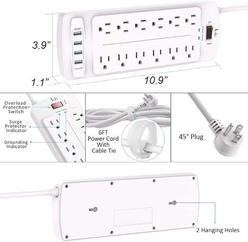 Power Strip, Tcstei Surge Protector with 12 Outlets and 4 USB Ports, 6 Feet Extension Cord (1875W/15A) for for Home, Office, Dorm Essentials, 2700 Joules, ETL Listed, (Black) in Saudi Arabia