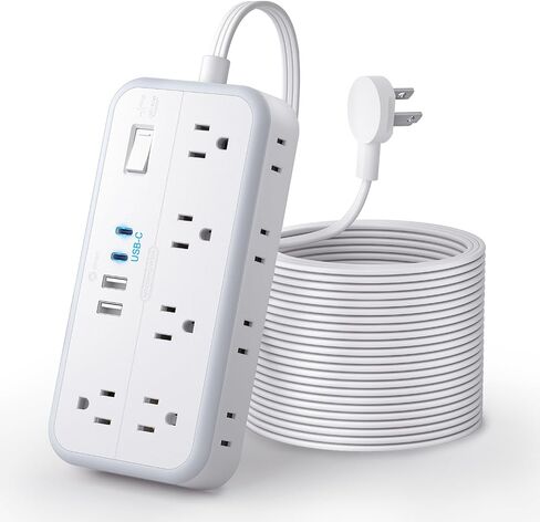 Flat Extension Cord 25 FT, NTONPOWER Long Power Strip, 10 Outlets 4 USB Ports (2 USB C), 3 Side 3 Prong & 2 Prong, Overload Protection, Flat Plug Wall Mount, White, SurgePro in Saudi Arabia