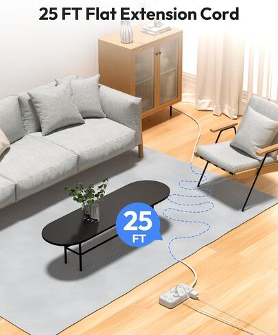 Flat Extension Cord 25 FT, NTONPOWER Long Power Strip, 10 Outlets 4 USB Ports (2 USB C), 3 Side 3 Prong & 2 Prong, Overload Protection, Flat Plug Wall Mount, White, SurgePro in Saudi Arabia