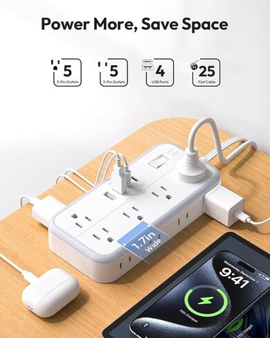 Flat Extension Cord 25 FT, NTONPOWER Long Power Strip, 10 Outlets 4 USB Ports (2 USB C), 3 Side 3 Prong & 2 Prong, Overload Protection, Flat Plug Wall Mount, White, SurgePro in Saudi Arabia