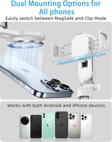Cloudvalley Magnetic 4-in-1 متعدد الوظائف للعصا ، حامل الهاتف المحمول المصغر مع جهاز التحكم عن بعد قابل للفصل ، متوافق مع Magsafe ، من أجل iPhone/Android ، مدونة السفر ، البث المباشر ، أبيض in Kuwait