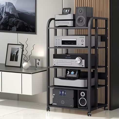 5-Tier Av Media Stand with Wheels, Audio Tower Rack with Adjustable Shelves, Stereo Racks and Stands with Storage Shelves, Media Console for Home, Office, Theater, Black in Saudi Arabia