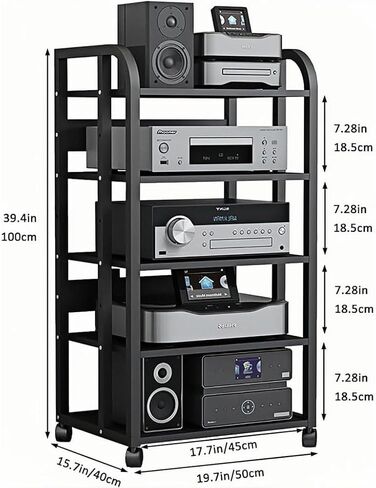 5-Tier Av Media Stand with Wheels, Audio Tower Rack with Adjustable Shelves, Stereo Racks and Stands with Storage Shelves, Media Console for Home, Office, Theater, Black in Saudi Arabia