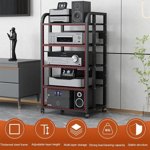 5-Tier Av Media Stand with Wheels, Audio Tower Rack with Adjustable Shelves, Stereo Racks and Stands with Storage Shelves, Media Console for Home, Office, Theater, Black in Saudi Arabia