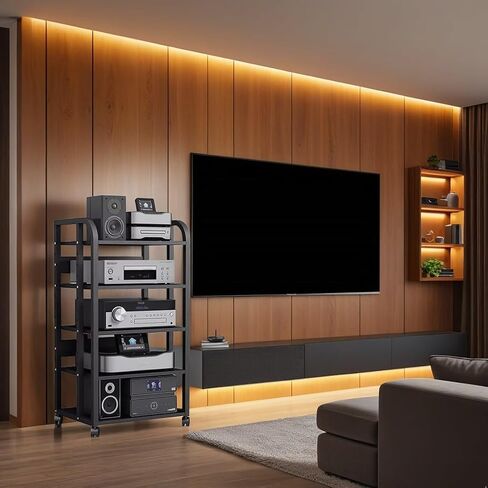 5-Tier Av Media Stand with Wheels, Audio Tower Rack with Adjustable Shelves, Stereo Racks and Stands with Storage Shelves, Media Console for Home, Office, Theater, Black in Saudi Arabia