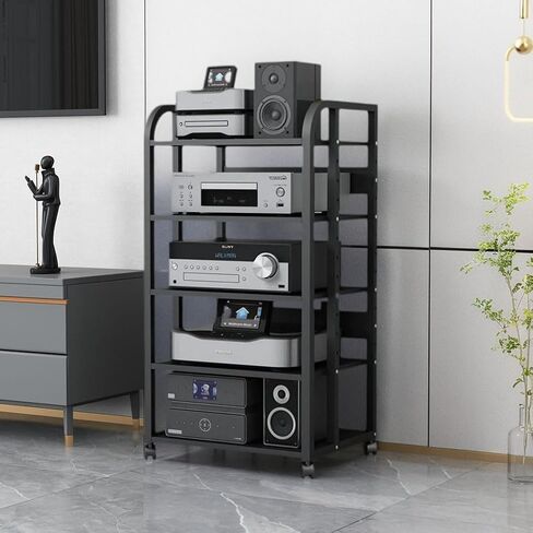 5-Tier Av Media Stand with Wheels, Audio Tower Rack with Adjustable Shelves, Stereo Racks and Stands with Storage Shelves, Media Console for Home, Office, Theater, Black in Saudi Arabia