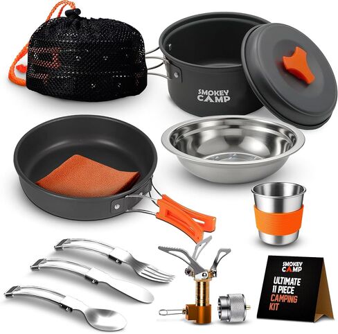 Smokey Camp Camping Cookware Mess Kit Set with Stove - Backpacking Compact Camping Cookware, All in One Non-Stick Camping Cooking Set, Portable Stove, Hiking, Picnic, Outdoor & Camping Cookware Set in Saudi Arabia