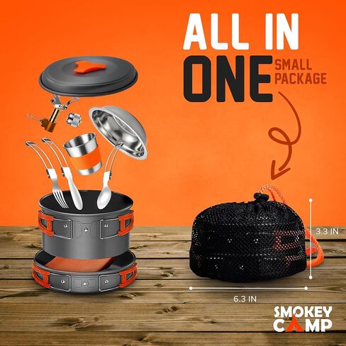 Smokey Camp Camping Cookware Mess Kit Set with Stove - Backpacking Compact Camping Cookware, All in One Non-Stick Camping Cooking Set, Portable Stove, Hiking, Picnic, Outdoor & Camping Cookware Set in Saudi Arabia