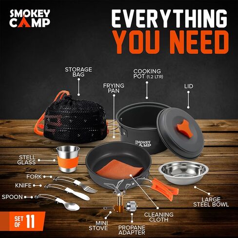 Smokey Camp Camping Cookware Mess Kit Set with Stove - Backpacking Compact Camping Cookware, All in One Non-Stick Camping Cooking Set, Portable Stove, Hiking, Picnic, Outdoor & Camping Cookware Set in Saudi Arabia