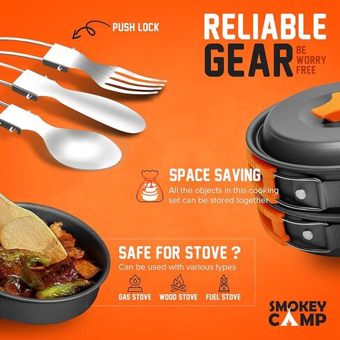 Smokey Camp Camping Cookware Mess Kit Set with Stove - Backpacking Compact Camping Cookware, All in One Non-Stick Camping Cooking Set, Portable Stove, Hiking, Picnic, Outdoor & Camping Cookware Set in Saudi Arabia
