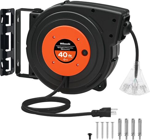 Retractable Extension Cord Reel, 40 FT Heavy Duty Power Cord, 12AWG/3C SJTOW, 3 Grounded Outlets Lighted Triple Tap, 15 Amp Circuit Breaker, UL Listed, Red R40CR06 in Kuwait