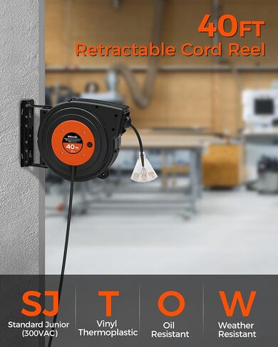 Retractable Extension Cord Reel, 40 FT Heavy Duty Power Cord, 12AWG/3C SJTOW, 3 Grounded Outlets Lighted Triple Tap, 15 Amp Circuit Breaker, UL Listed, Red R40CR06 in Kuwait