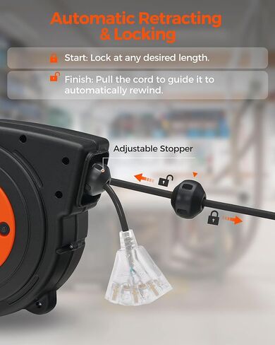 Retractable Extension Cord Reel, 40 FT Heavy Duty Power Cord, 12AWG/3C SJTOW, 3 Grounded Outlets Lighted Triple Tap, 15 Amp Circuit Breaker, UL Listed, Red R40CR06 in Kuwait
