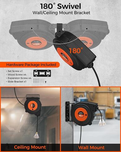 Retractable Extension Cord Reel, 40 FT Heavy Duty Power Cord, 12AWG/3C SJTOW, 3 Grounded Outlets Lighted Triple Tap, 15 Amp Circuit Breaker, UL Listed, Red R40CR06 in Kuwait