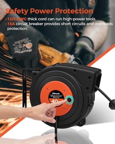 Retractable Extension Cord Reel, 40 FT Heavy Duty Power Cord, 12AWG/3C SJTOW, 3 Grounded Outlets Lighted Triple Tap, 15 Amp Circuit Breaker, UL Listed, Red R40CR06 in Kuwait