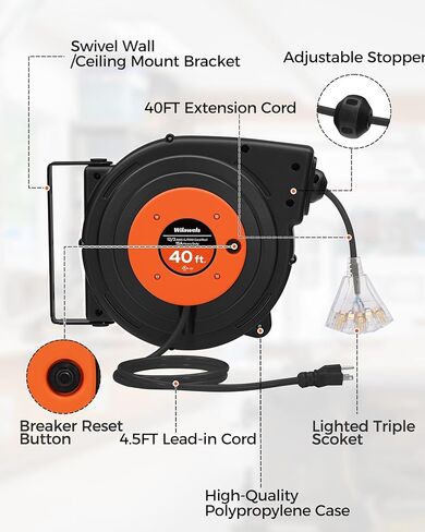 Retractable Extension Cord Reel, 40 FT Heavy Duty Power Cord, 12AWG/3C SJTOW, 3 Grounded Outlets Lighted Triple Tap, 15 Amp Circuit Breaker, UL Listed, Red R40CR06 in Kuwait