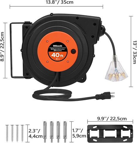 Retractable Extension Cord Reel, 40 FT Heavy Duty Power Cord, 12AWG/3C SJTOW, 3 Grounded Outlets Lighted Triple Tap, 15 Amp Circuit Breaker, UL Listed, Red R40CR06 in Kuwait