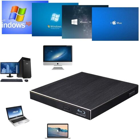 Blu Ray Outside 3D Drive ، USB 3.0 & type C Optical Blu Ray Portable Aluminium Disk Player Reader لنظام التشغيل Windows XP/7/8/10 ، MacOS ، Linux لـ MacBook ، الكمبيوتر المحمول ، سطح المكتب (أسود) in Kuwait