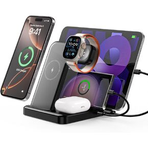 محطة شحن أجهزة متعددة ، محطة شحن 5-in-1 لـ iPhone 16E/16 Pro Max/Pro/Plus/15/14/12 ، iPad Pro/Mini ، Apple Watch و Airpods ، Dock الشحن اللاسلكي (G805) (أسود) in Kuwait