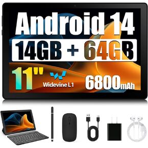Tablet, 11 Inch Android 14 Tablets, 14GB RAM+64GB ROM (TF 1TB) with Octa-Core, 6800mAh, Widevine L1, WiFi 6, 8 in 1 Tablet with Keyboard, Mouse, Protective Case, Stylus, Headset, Charger- Black in Saudi Arabia