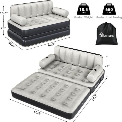 Yitahome Queen Size Size Sof Sofa Sed Bedith مع اللوح الأمامي ومضخة ، وتفجير الأريكة قابلة للنفخ لغرفة المعيشة المنزلية ، 79 "× 60" × 25 "(الحجم الموسع ، الأسود) in Saudi Arabia