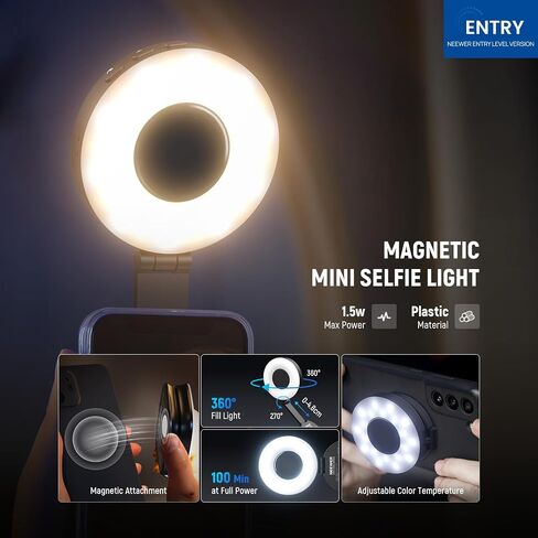 NEEWER ENTRY LEVEL VERSION Magnetic Selfie Light Compatible with MagSafe iPhone, 4 Mode CRI95+ 914lx 1.5W Plastic Folding Small LED Phone Fill Ring Lighting for Recording Makeup Video Conference,NL40R in Kuwait