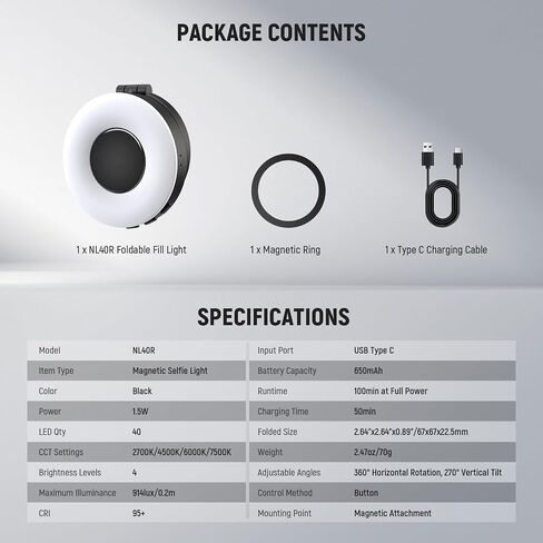 NEEWER ENTRY LEVEL VERSION Magnetic Selfie Light Compatible with MagSafe iPhone, 4 Mode CRI95+ 914lx 1.5W Plastic Folding Small LED Phone Fill Ring Lighting for Recording Makeup Video Conference,NL40R in Kuwait
