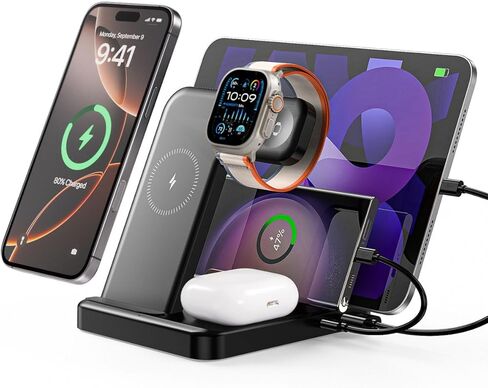 محطة شحن أجهزة متعددة ، محطة شحن 5-in-1 لـ iPhone 16E/16 Pro Max/Pro/Plus/15/14/12 ، iPad Pro/Mini ، Apple Watch و Airpods ، Dock الشحن اللاسلكي (G805) (أسود) in Kuwait