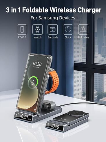 شاحن لاسلكي مغناطيسي لسامسونج ، 3 في 1 محطة شحن Magsafe لـ Samsung Galaxy Z Fold/Flip 7/S25 Ultra/S24 Ultra ، شاحن قابل للطي لـ Samsung Galaxy Watch Ultra/8/7/Galaxy Buds 3 (Gray) in Kuwait