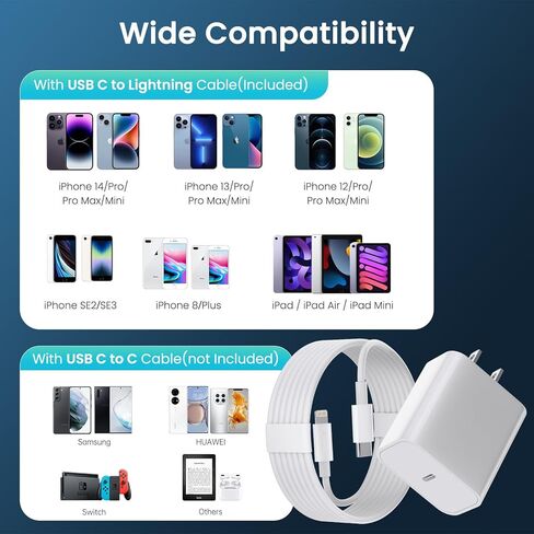شاحن iPhone الشاحن السريع 【MFI معتمد】 2pack 20W PD USB C Charger 6 & 10ft Cable Fasting Adapter متوافق مع iPhone 14Pro/13 Pro/12/21 in Kuwait