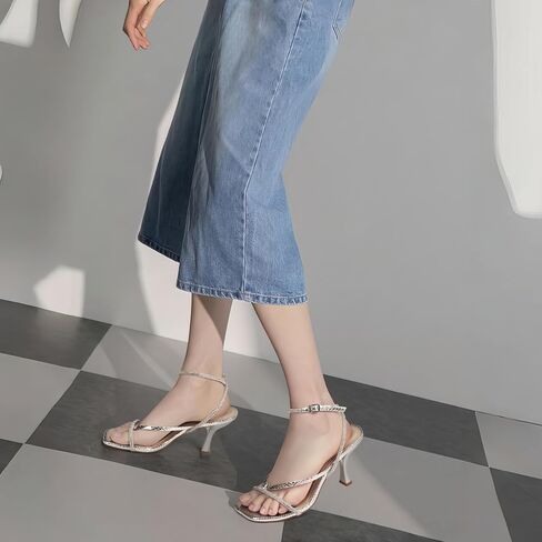 Carcuume Womens Kitten Heels Square Toe Thong Strappy Ankle Strap Stiletto Heel Sandals in Saudi Arabia