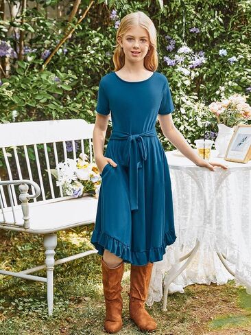 KYMIDY Girls Short Sleeve Swing Dress Kids Ruffle Loose Casual Twirl Belted Dresses with Pockets for Girls 6-12 Years in Kuwait