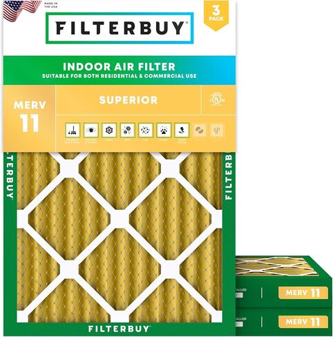 Filterbuy 12x12x1 فلتر هواء MERV 11 دفاع عن الحساسية (3 عبوات)، استبدال مرشحات هواء فرن HVAC AC المطوية (الحجم الفعلي: 11.69 × 11.69 × 0.75 بوصة) in Kuwait