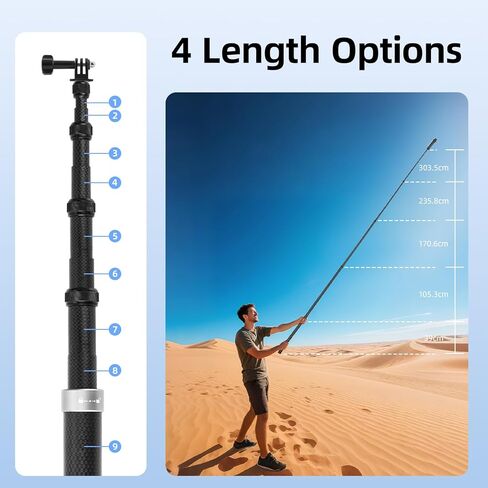 3M Selfie Stick لـ Insta360 x5 x4 ، 118 بوصة من ألياف الكربون غير المرئية عمود تمديد طويل للغاية لـ Insta 360 One x5 x4 x3 × 2 روبية ، لملحقات DJI Osmo 360 (مع محول Go Pro ، حقيبة التخزين) in Saudi Arabia