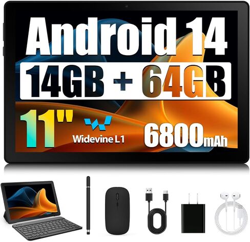 Tablet, 11 Inch Android 14 Tablets, 14GB RAM+64GB ROM (TF 1TB) with Octa-Core, 6800mAh, Widevine L1, WiFi 6, 8 in 1 Tablet with Keyboard, Mouse, Protective Case, Stylus, Headset, Charger- Black in Saudi Arabia
