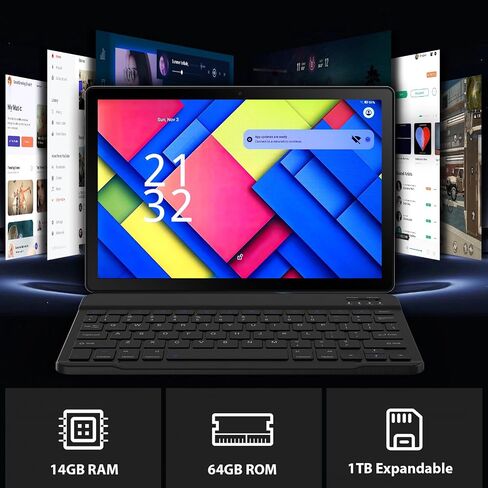 Tablet, 11 Inch Android 14 Tablets, 14GB RAM+64GB ROM (TF 1TB) with Octa-Core, 6800mAh, Widevine L1, WiFi 6, 8 in 1 Tablet with Keyboard, Mouse, Protective Case, Stylus, Headset, Charger- Black in Saudi Arabia