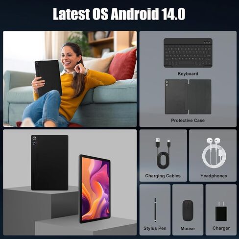 Tablet, 11 Inch Android 14 Tablets, 14GB RAM+64GB ROM (TF 1TB) with Octa-Core, 6800mAh, Widevine L1, WiFi 6, 8 in 1 Tablet with Keyboard, Mouse, Protective Case, Stylus, Headset, Charger- Black in Saudi Arabia