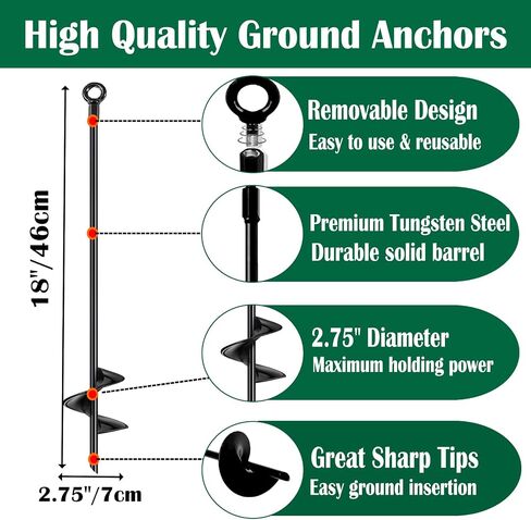 18 inch Ground Anchors Srew in Heavy Duty, Earth Shed Anchor Kit, Trampoline Stake Hook for Dirt, Swing Sets, Playset, Tent, Canopy, Carport, Hurricane, Mobile Home Tie Down, 4pcs in Saudi Arabia