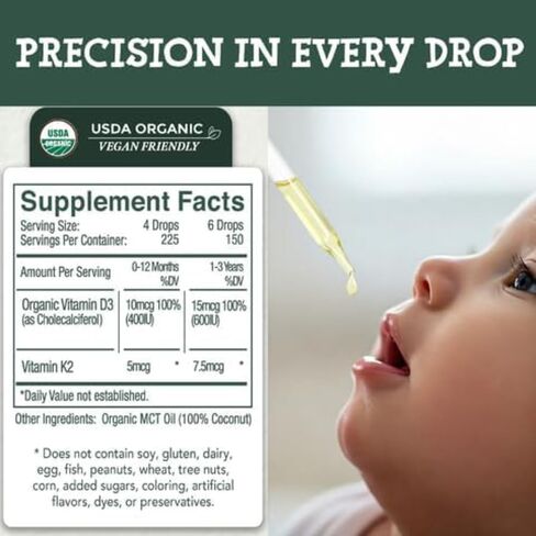 Vitamin D3 and Vitamin K2 Liquid Drops – Baby Vitamin D Drops for Infants w/ Vitamin K for Optimal Absorption – Vitamin D3 K2 Supplement w/ Organic MCT Oil Supports Healthy Bones, Brain, Immune System in Kuwait