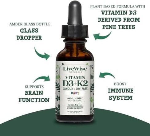Vitamin D3 and Vitamin K2 Liquid Drops – Baby Vitamin D Drops for Infants w/ Vitamin K for Optimal Absorption – Vitamin D3 K2 Supplement w/ Organic MCT Oil Supports Healthy Bones, Brain, Immune System in Kuwait