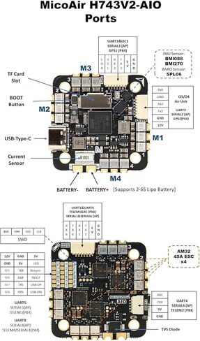 Micoair743v2 AIO Controller مع 45a 4in1 ESC (مغلف المعادن) ، STM32H743 ، IMU المزدوج ، مقياس البارومتر ، 2-6S الدعم O3/O4 ، متوافق مع Ardupilot ، PX4 ، Betaflight ، inav in Kuwait
