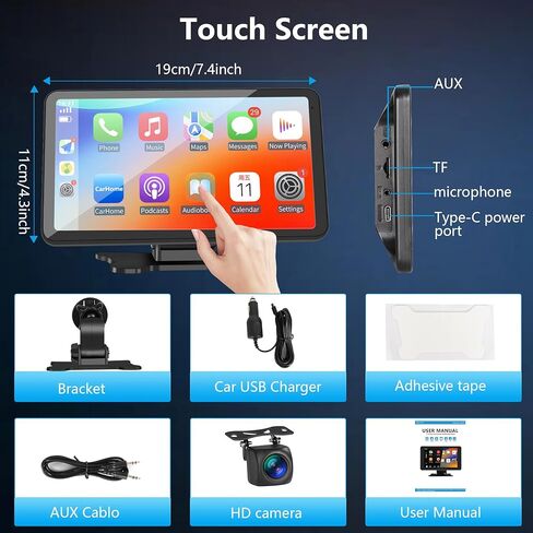 Carplay Screen for Car 7 inch Wireless, Portable Car Display Screen with Apple Carplay and Android Auto, Bluetooth Touchscreen Pantalla Carplay para Carro with Backup Camera/Mirror Link/AUX in Kuwait